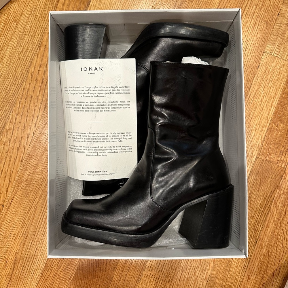 Jonak Paris Square Toed Heeled Leather Boots, Size 41